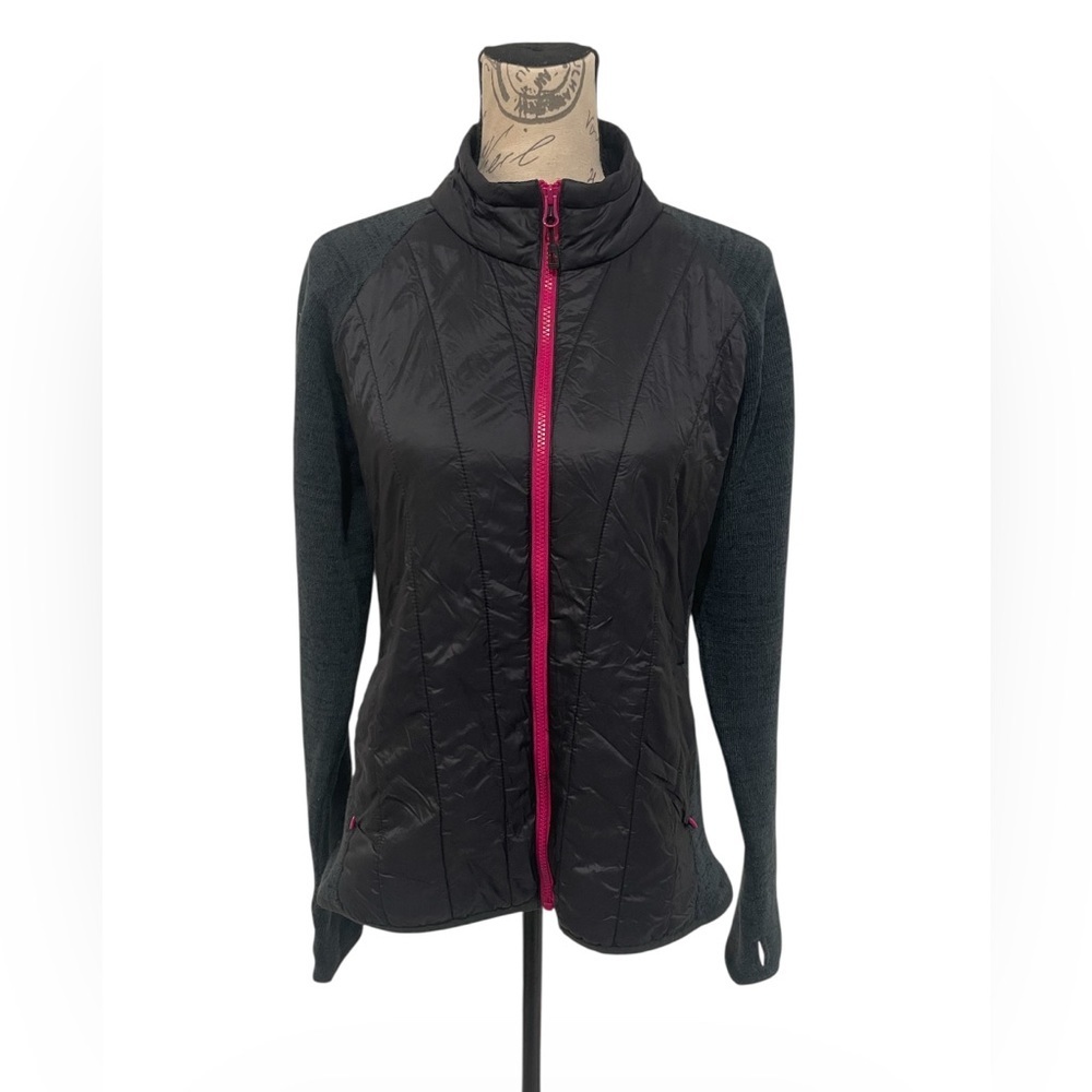 Orvis Passport Black Quilted Zip Jacket Knit Sleeves Thumbholes Size L